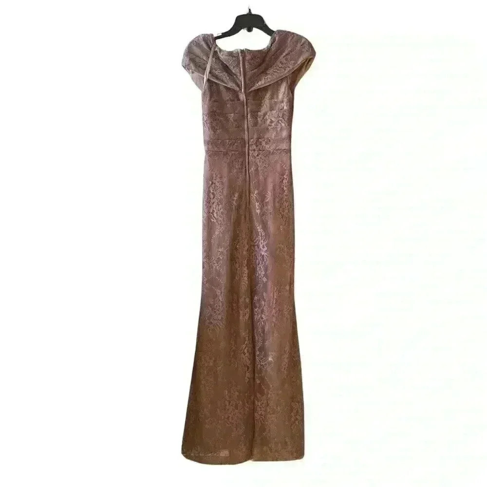 NEW La Femme Lace Overlay rhinestone off shoulder cap sleeve cocoa dress gown 2 - Picture 4 of 12